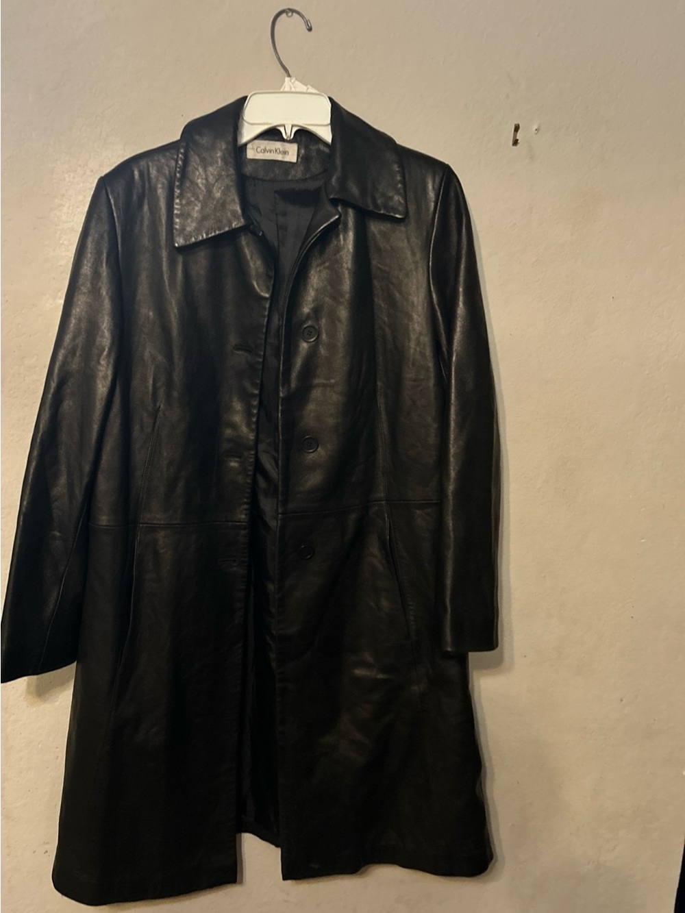 Calvin Klein Black Leather Mid-Length Coat